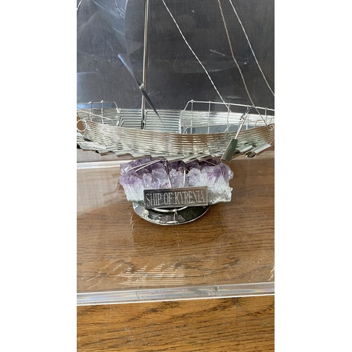 315 - Large Silver 'Ship of Kyrenia' Model on Amethyst Stone in Display Case (30 W. x 21 D. x 34cm H.)