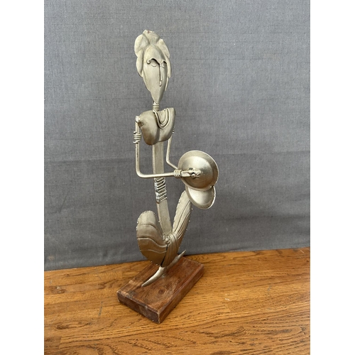310A - Handmade Metal Artwork of Music Man on Wooden Base (37cm H.)