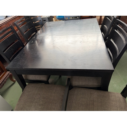 36 - American Drexel Heritage Dark Wood Extendable Dining Table with 9 Black Ladder-Back Design Matching ... 
