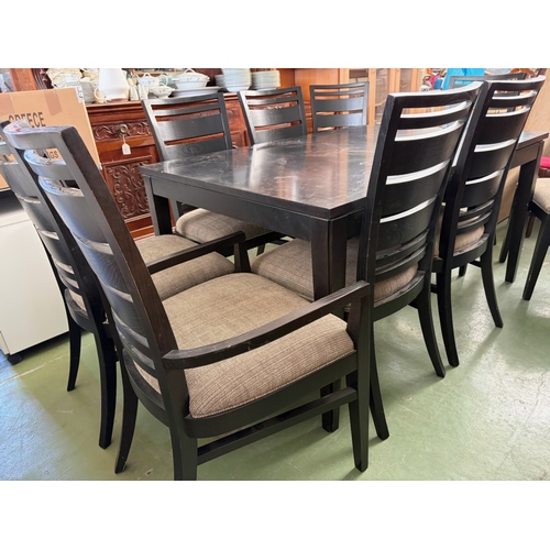 36 - American Drexel Heritage Dark Wood Extendable Dining Table with 9 Black Ladder-Back Design Matching ... 