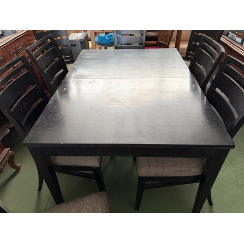 36 - American Drexel Heritage Dark Wood Extendable Dining Table with 9 Black Ladder-Back Design Matching ... 