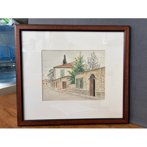 49 - 'Andros Natar' Watercolor Framed Painting Depicting Typical Cyprus Houses in the Old City (Frame 43 ... 