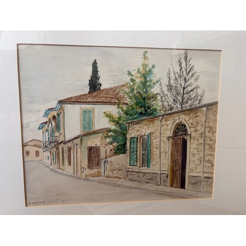 49 - 'Andros Natar' Watercolor Framed Painting Depicting Typical Cyprus Houses in the Old City (Frame 43 ... 