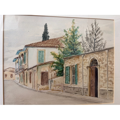 49 - 'Andros Natar' Watercolor Framed Painting Depicting Typical Cyprus Houses in the Old City (Frame 43 ... 