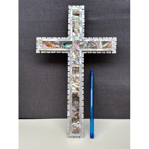 16 - Vintage Christian Jerusalem Cross, Handmade from Olive Wood and Carved Mother of Pearl and Abalone S... 