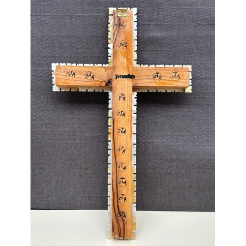16 - Vintage Christian Jerusalem Cross, Handmade from Olive Wood and Carved Mother of Pearl and Abalone S... 