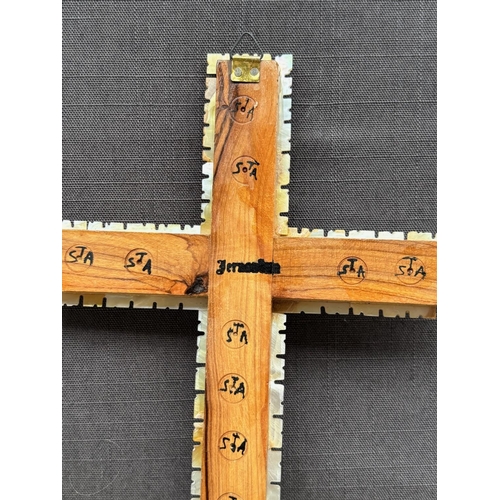 16 - Vintage Christian Jerusalem Cross, Handmade from Olive Wood and Carved Mother of Pearl and Abalone S... 