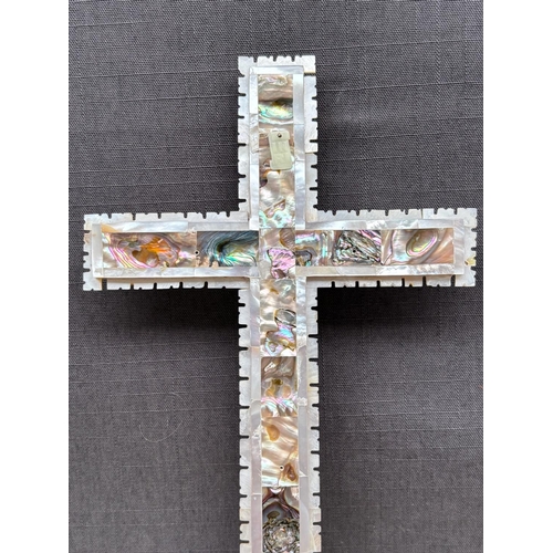 16 - Vintage Christian Jerusalem Cross, Handmade from Olive Wood and Carved Mother of Pearl and Abalone S... 