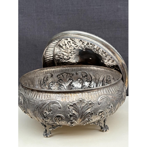 3 - Large Vintage Sterling Silver Handmade Ornate Footed Trinket Box/Candy Dish with Intricate Repousse ... 