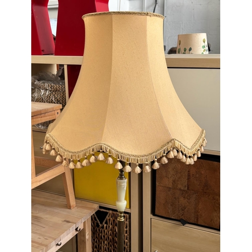 3A - Beautiful Vintage Floor Lamp with Brass and Onyx Shaft and Beige Fringed Fabric Shade (170cm H.)