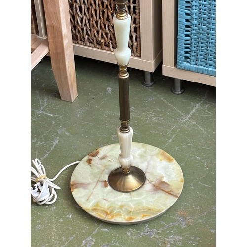 3A - Beautiful Vintage Floor Lamp with Brass and Onyx Shaft and Beige Fringed Fabric Shade (170cm H.)