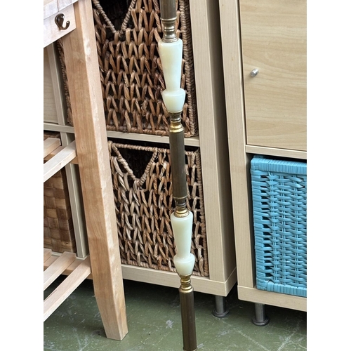 3A - Beautiful Vintage Floor Lamp with Brass and Onyx Shaft and Beige Fringed Fabric Shade (170cm H.)