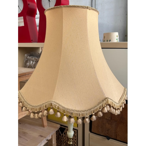 3A - Beautiful Vintage Floor Lamp with Brass and Onyx Shaft and Beige Fringed Fabric Shade (170cm H.)