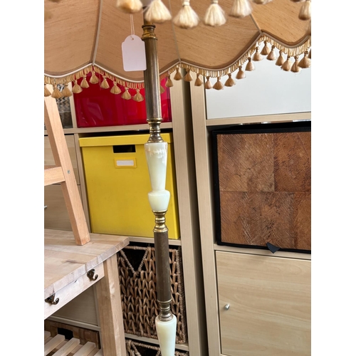 3A - Beautiful Vintage Floor Lamp with Brass and Onyx Shaft and Beige Fringed Fabric Shade (170cm H.)