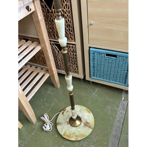 3A - Beautiful Vintage Floor Lamp with Brass and Onyx Shaft and Beige Fringed Fabric Shade (170cm H.)
