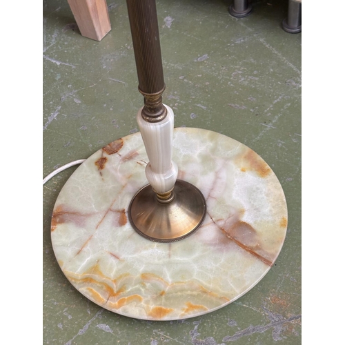 3A - Beautiful Vintage Floor Lamp with Brass and Onyx Shaft and Beige Fringed Fabric Shade (170cm H.)
