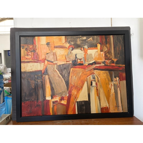 48A - Yuri Tremler 'Girls at the Bar' Large Abstract Print on Canvas Painting (111 x 85cm)