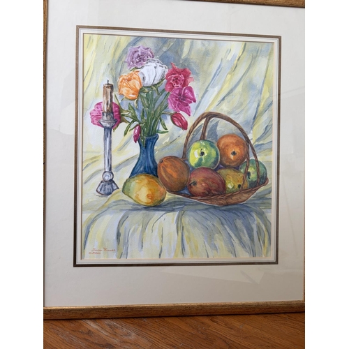 20B - Still Life-Fruit Basket and Flowers Watercolor Painting Signed Sonia Bowes and Dated Oct.2011 (53 x ... 