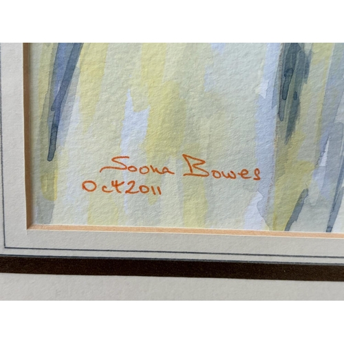 20B - Still Life-Fruit Basket and Flowers Watercolor Painting Signed Sonia Bowes and Dated Oct.2011 (53 x ... 