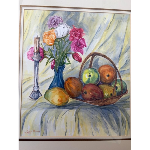 20B - Still Life-Fruit Basket and Flowers Watercolor Painting Signed Sonia Bowes and Dated Oct.2011 (53 x ... 