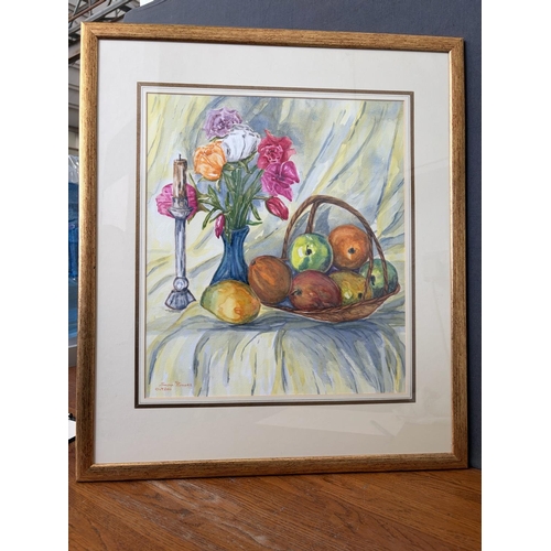 20B - Still Life-Fruit Basket and Flowers Watercolor Painting Signed Sonia Bowes and Dated Oct.2011 (53 x ... 