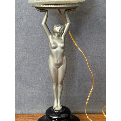 3B - Vintage Art Deco Diana Figural Table Lamp with Female Nude Holding a Geometric Frankart-Style Shade,... 