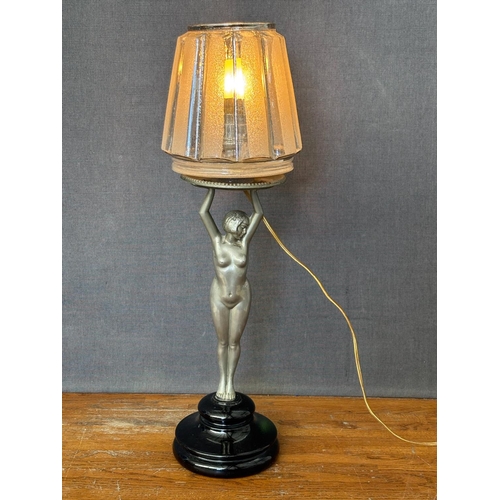 3B - Vintage Art Deco Diana Figural Table Lamp with Female Nude Holding a Geometric Frankart-Style Shade,... 
