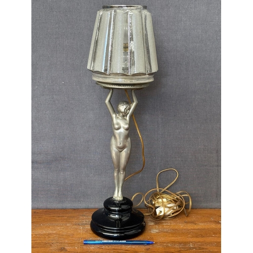 3B - Vintage Art Deco Diana Figural Table Lamp with Female Nude Holding a Geometric Frankart-Style Shade,... 