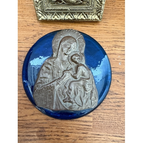 Vintage Small Icon of Virgin Mary Holding Christ Child on Blue Glass ...