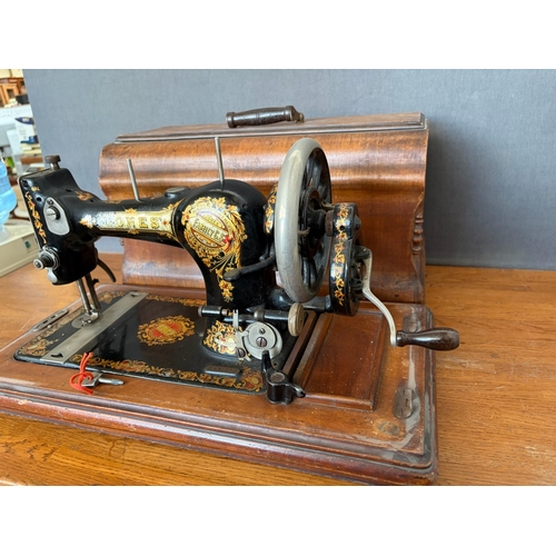 Antique Jones Family CS Hand-Crank Sewing Machine with Wooden Carrying Case