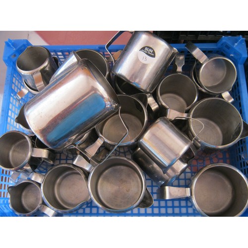 13 - 21 Stainless Steel Milk Jugs of Varying Sizes