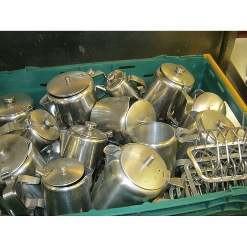 188 - A Box of Stainless Steel Tea Pots, Milk Jugs and Toast Racks