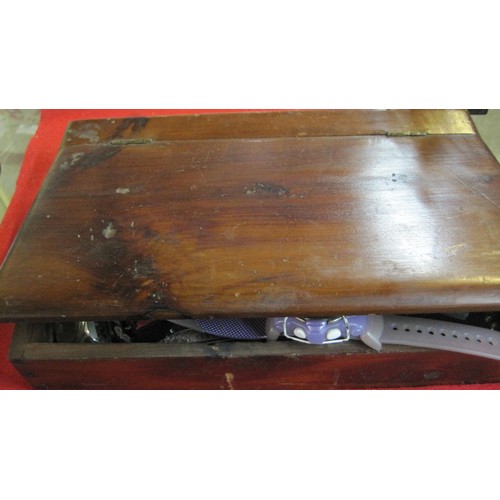 176 - Wooden box of collectables,  including watches, jewellery and badges