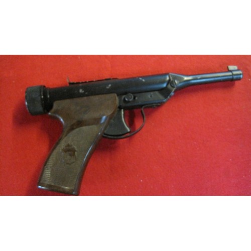 160 - A Hy-Score US-made target air pistol in .22 calibre, unusual action, working order