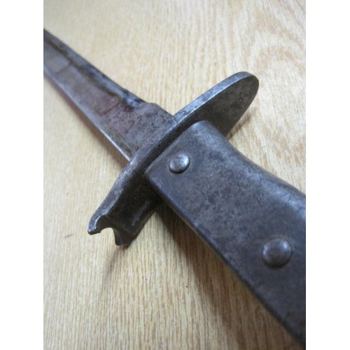 191 - An antique bayonet in scabbard, muzzle ring cut - presumably to fit a later rifle - numbered 36575 t... 