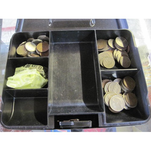 100 - A stongbox with key and internal money tray in good order containing a number of primarily modern co... 