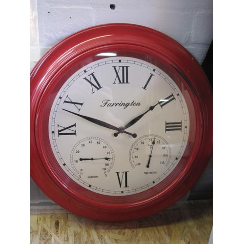 324 - A red @Farrington' kitchen clock with humidity and temperature dials.