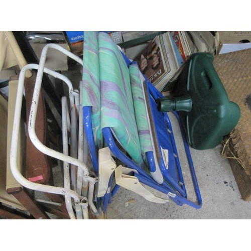 222 - A large selection of camping equipment:
including x2 sun loungers and x2 camping chairs
parasol base... 