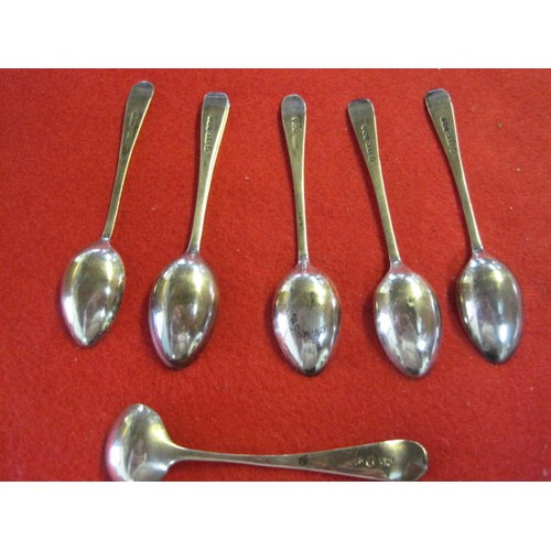 284 - AN uncased set of 6 silver teaspoons by Purcell Brothers, hallmarked Sheffield 1921, plus a silver s... 