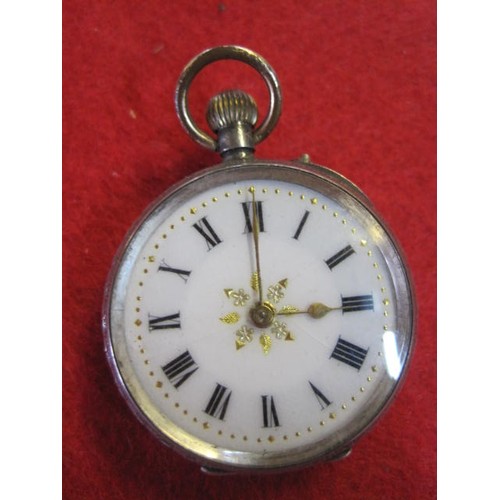 326 - A ladies Swiss .925 silver pocket watch, the case ornately engraved, the dial picked out in gold on ... 