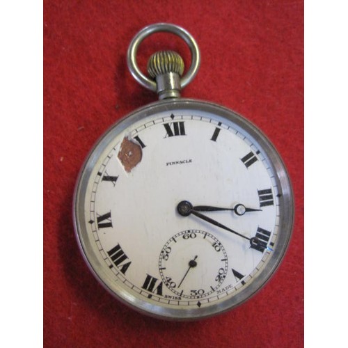 329 - A Pinnacle Swiss Made Pocket Watch with enamel dial, working order, some damage to dial