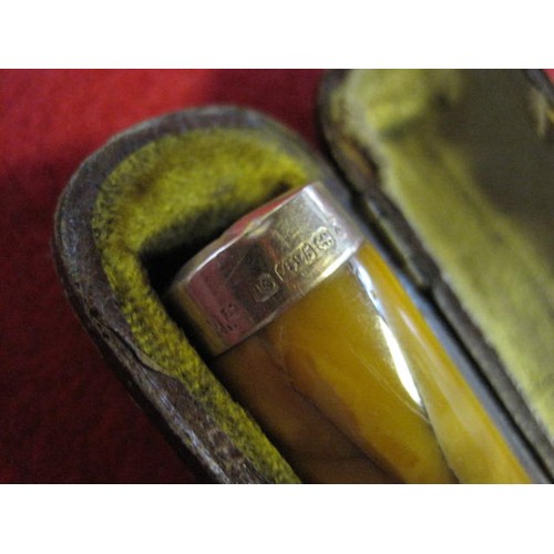 234 - A vintage cased cigar or cheroot holder in possibly amber of butterscotch colour with a 15ct gold ri... 