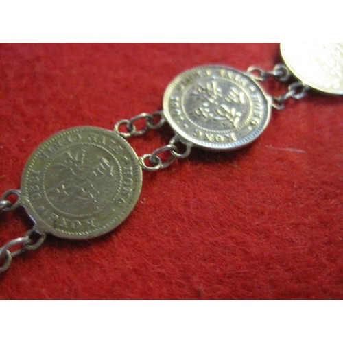 136 - A bracelet comprising Queen Victoria Hong Kong 5 cent pieces, the coins dating from 1889 to 1901