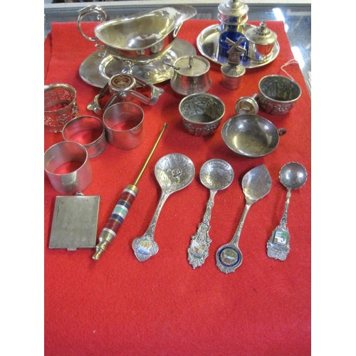 289 - An Egyptian 1920s/30s silver cup and an assortment of silver plated condiment sets, gravy boats, nap... 