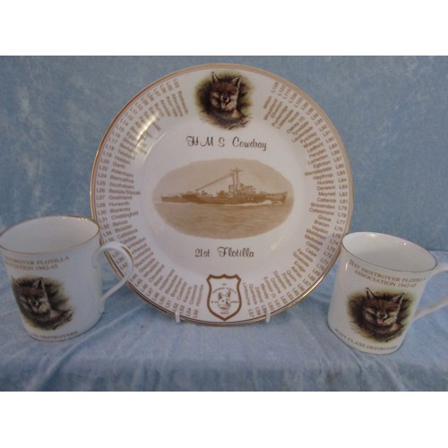 203 - HMS Cowdrey 21st destroyer flotilla commemorative plates and cups