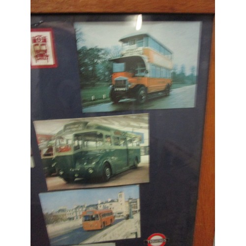 14 - Vintage bus and train postcards in a large frame, fully glazed