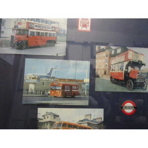 14 - Vintage bus and train postcards in a large frame, fully glazed