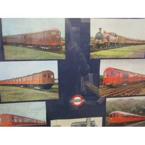 14 - Vintage bus and train postcards in a large frame, fully glazed