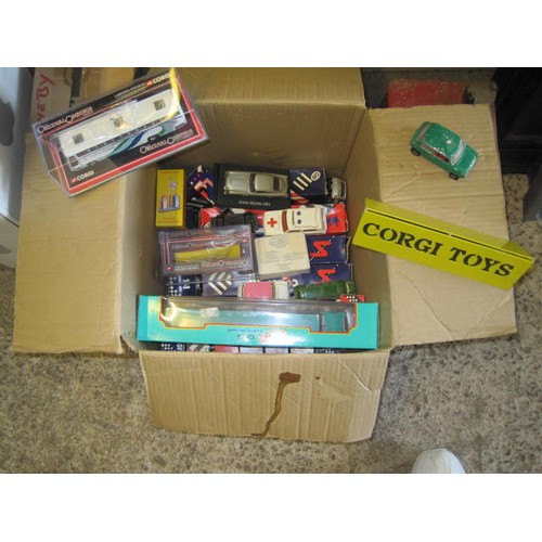 303 - Box of Corgi cars and trucks +x1 Dinky, and books on car collecting etc.