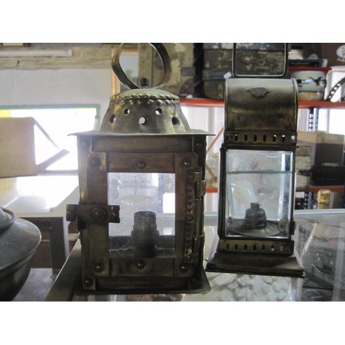 269 - A pair of antique brass lanterns, one converted to electricity, the other marked 'LMS' but a/f